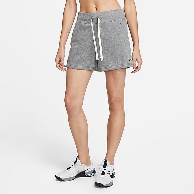 Front view of Women's Nike Dri-FIT Get Fit Training Shorts in Carbon Heather/Black Click to zoom