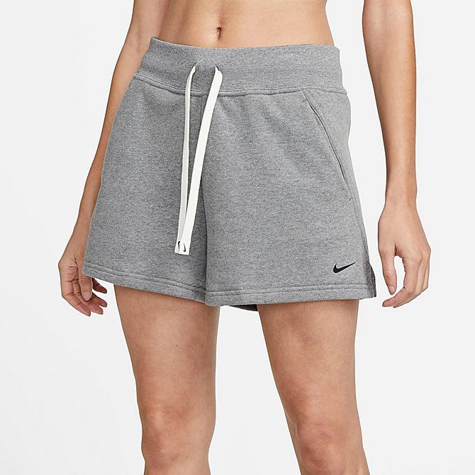Back Left view of Women's Nike Dri-FIT Get Fit Training Shorts in Carbon Heather/Black Click to zoom