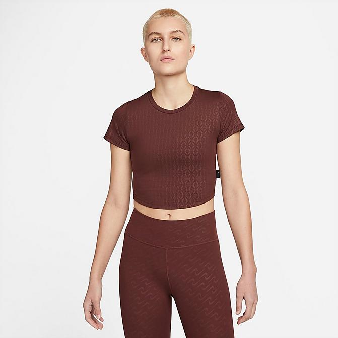 Front view of Women's Nike Dri-FIT One Luxe Slim Fit Printed Top in Bronze Eclipse Click to zoom