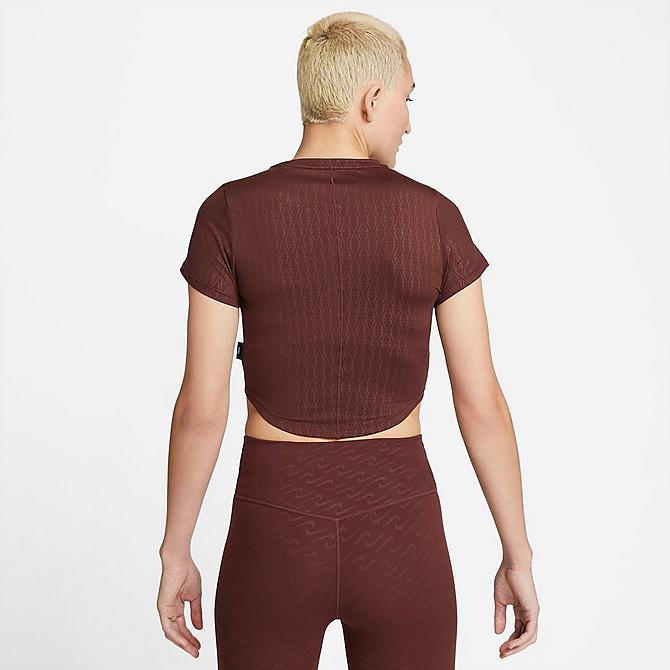 Front Three Quarter view of Women's Nike Dri-FIT One Luxe Slim Fit Printed Top in Bronze Eclipse Click to zoom