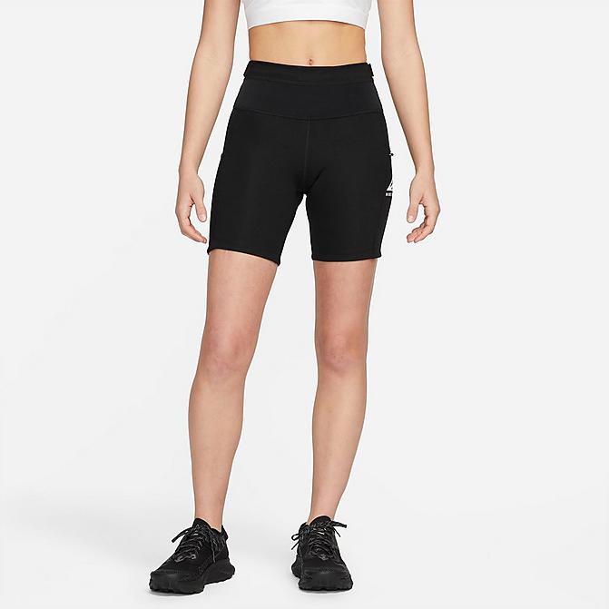 Front view of Women's Nike Dri-FIT Epic Luxe Trail Running Tight Shorts in Black/Black/Black/White Click to zoom