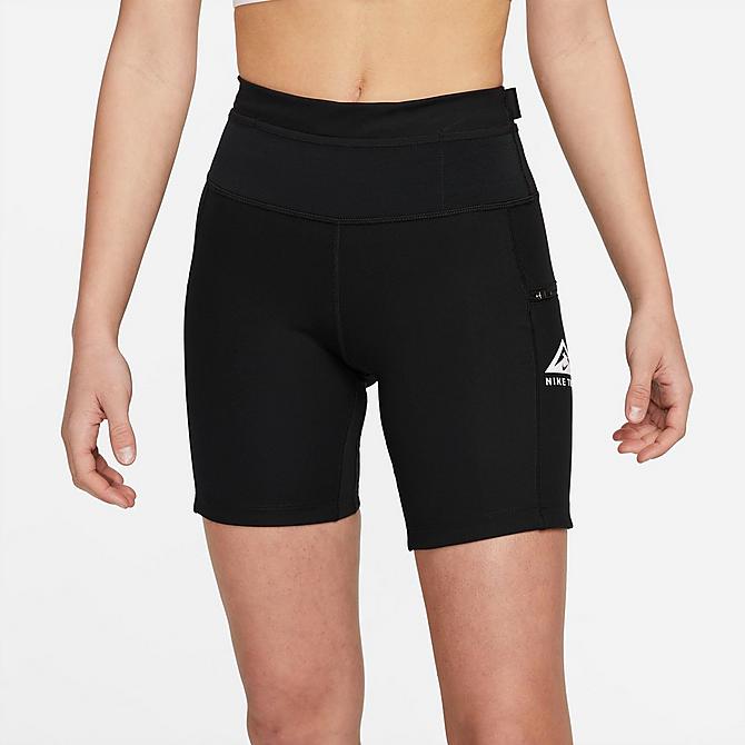 Front Three Quarter view of Women's Nike Dri-FIT Epic Luxe Trail Running Tight Shorts in Black/Black/Black/White Click to zoom
