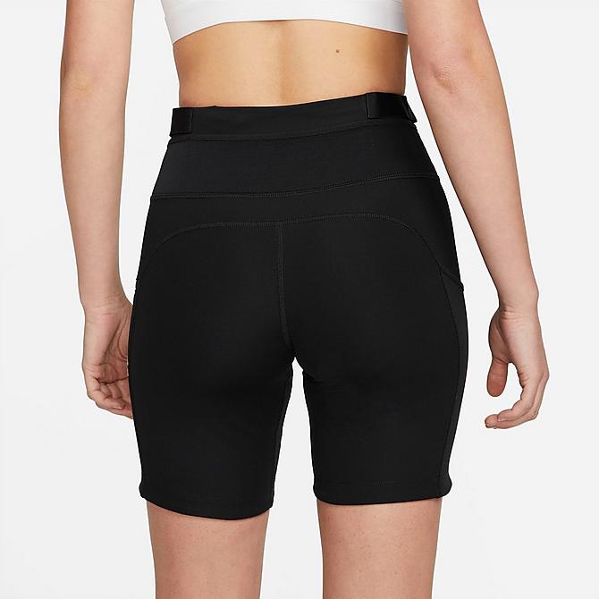 Back Left view of Women's Nike Dri-FIT Epic Luxe Trail Running Tight Shorts in Black/Black/Black/White Click to zoom