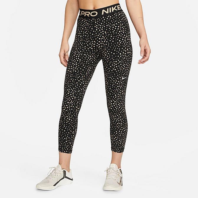 Front view of Women's Nike Pro Dri-FIT Mid-Rise Cropped Printed Training Leggings in Black/Hemp/White Click to zoom