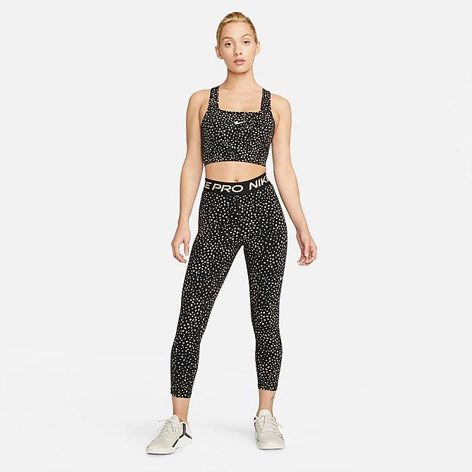 Front Three Quarter view of Women's Nike Pro Dri-FIT Mid-Rise Cropped Printed Training Leggings in Black/Hemp/White Click to zoom