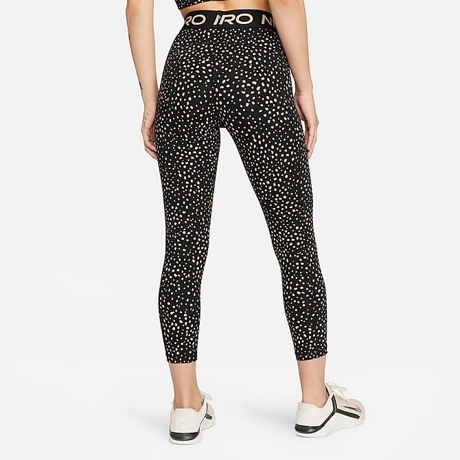 Back Left view of Women's Nike Pro Dri-FIT Mid-Rise Cropped Printed Training Leggings in Black/Hemp/White Click to zoom
