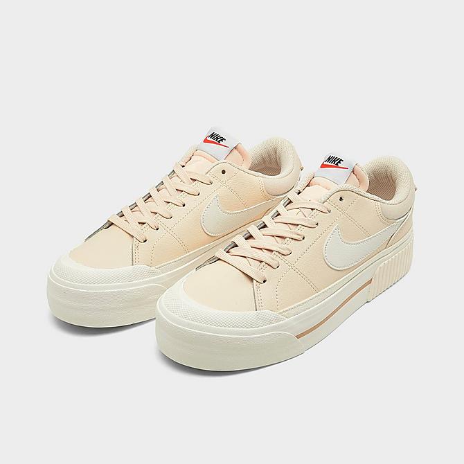 Three Quarter view of Women's Nike Court Legacy Lift Casual Shoes in Pearl White/Phantom/Sail/Team Orange Click to zoom