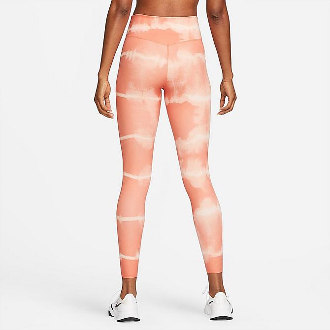 Front Three Quarter view of Women's Nike Dri-FIT One Luxe Mid-Rise Printed Training Leggings in Madder Root/Black/Clear Click to zoom
