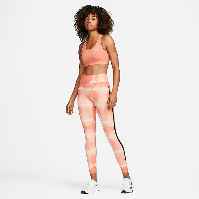 Back Left view of Women's Nike Dri-FIT One Luxe Mid-Rise Printed Training Leggings in Madder Root/Black/Clear Click to zoom
