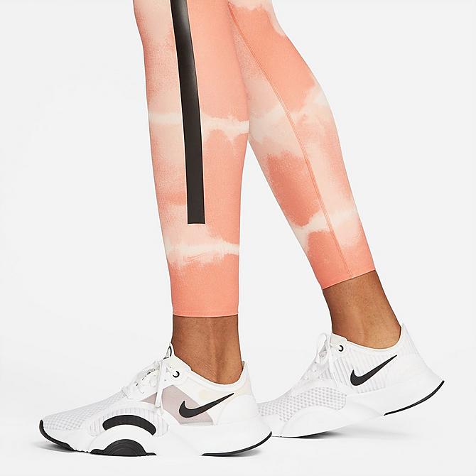 Back Right view of Women's Nike Dri-FIT One Luxe Mid-Rise Printed Training Leggings in Madder Root/Black/Clear Click to zoom