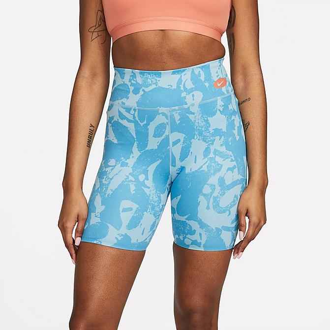 Front view of Women's Nike One Luxe Icon Clash Mid-Rise Training Bike Shorts in Laser Blue/Worn Blue/Madder Root Click to zoom