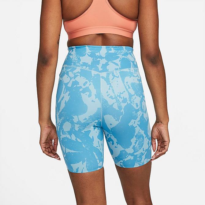 Front Three Quarter view of Women's Nike One Luxe Icon Clash Mid-Rise Training Bike Shorts in Laser Blue/Worn Blue/Madder Root Click to zoom
