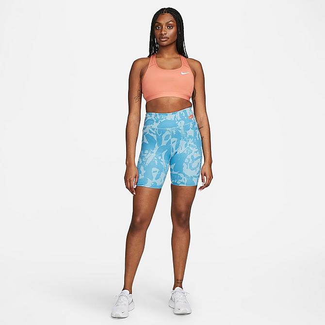Back Left view of Women's Nike One Luxe Icon Clash Mid-Rise Training Bike Shorts in Laser Blue/Worn Blue/Madder Root Click to zoom