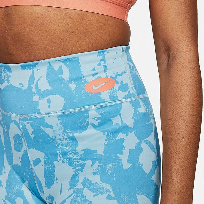 Back Right view of Women's Nike One Luxe Icon Clash Mid-Rise Training Bike Shorts in Laser Blue/Worn Blue/Madder Root Click to zoom