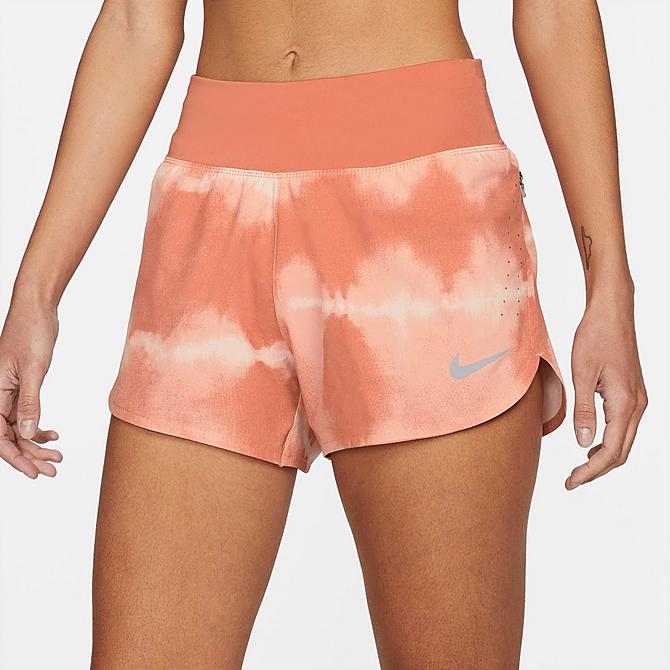 Back Left view of Women's Nike Dri-FIT Eclipse Printed Mid-Rise Running Shorts in Madder Root/Black Click to zoom