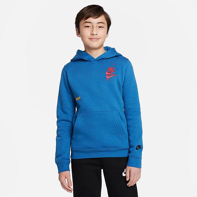 Front view of Boys' Nike Sportswear Glitched Logo Hoodie in Dark Marina Blue Click to zoom