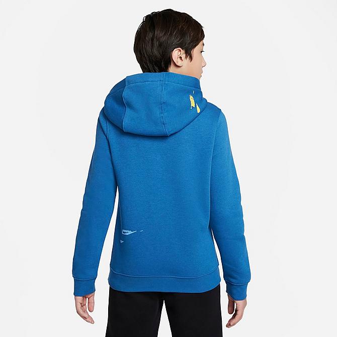 Front Three Quarter view of Boys' Nike Sportswear Glitched Logo Hoodie in Dark Marina Blue Click to zoom