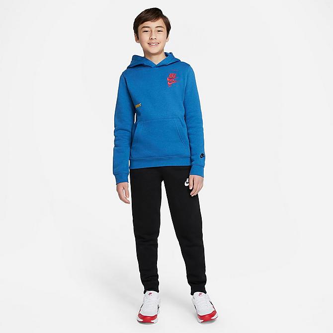 Back Left view of Boys' Nike Sportswear Glitched Logo Hoodie in Dark Marina Blue Click to zoom