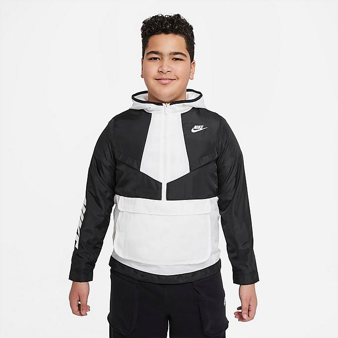 Front view of Boys' Nike Sportswear Windrunner Half-Zip Anorak Jacket (Plus Size) in Black/White/Black/White Click to zoom