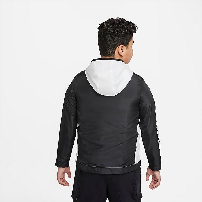 Front Three Quarter view of Boys' Nike Sportswear Windrunner Half-Zip Anorak Jacket (Plus Size) in Black/White/Black/White Click to zoom