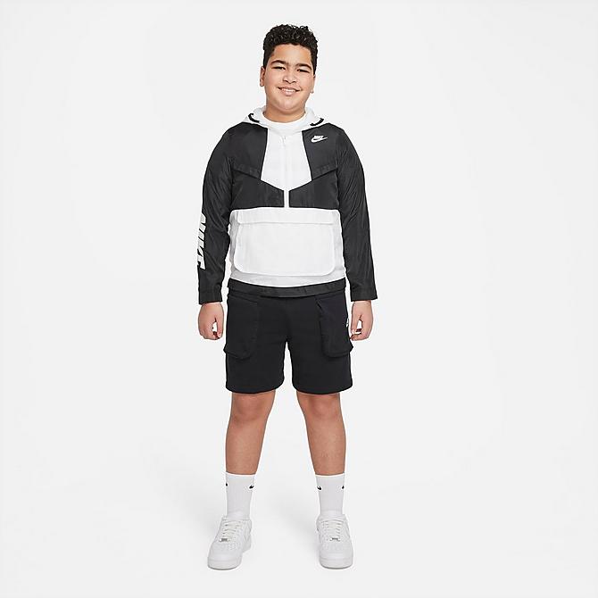 Back Left view of Boys' Nike Sportswear Windrunner Half-Zip Anorak Jacket (Plus Size) in Black/White/Black/White Click to zoom