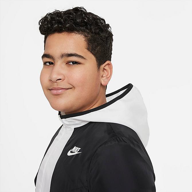 Back Right view of Boys' Nike Sportswear Windrunner Half-Zip Anorak Jacket (Plus Size) in Black/White/Black/White Click to zoom