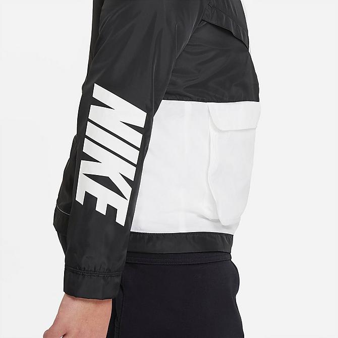 On Model 5 view of Boys' Nike Sportswear Windrunner Half-Zip Anorak Jacket (Plus Size) in Black/White/Black/White Click to zoom