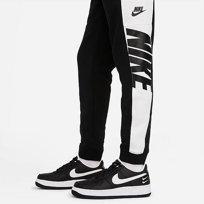On Model 5 view of Boys' Nike Sportswear Amplify Jogger Pants in Black/White Click to zoom