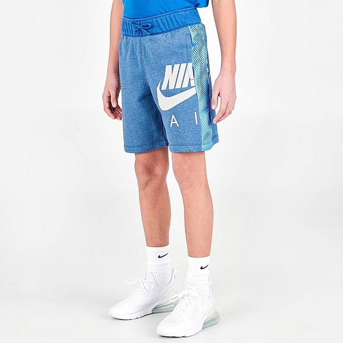 Front view of Boys' Nike Air French Terry Shorts in Dark Marina Blue/Heather/Light Bone Click to zoom