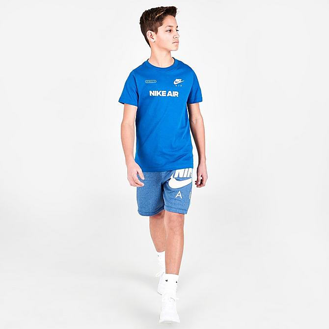 Front Three Quarter view of Boys' Nike Air French Terry Shorts in Dark Marina Blue/Heather/Light Bone Click to zoom