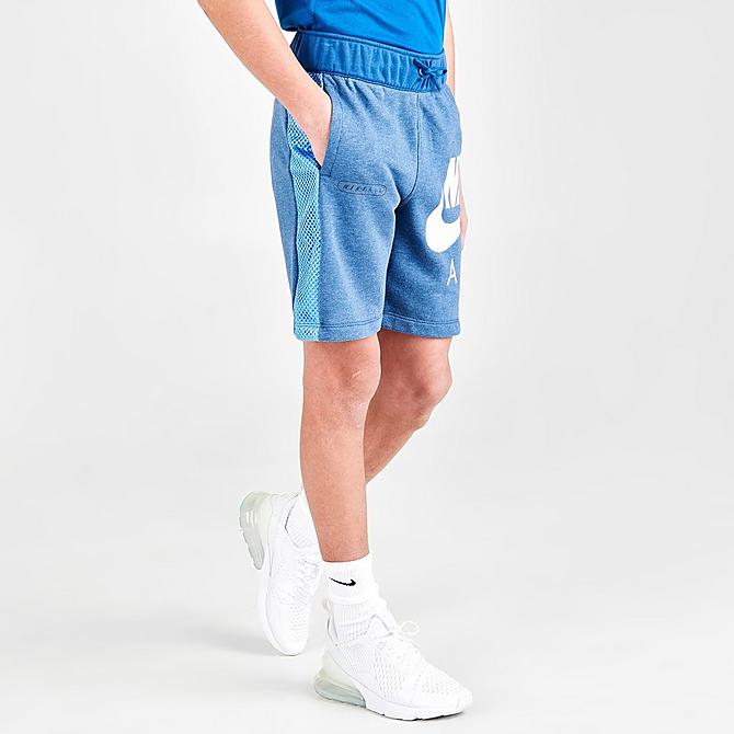 Back Left view of Boys' Nike Air French Terry Shorts in Dark Marina Blue/Heather/Light Bone Click to zoom