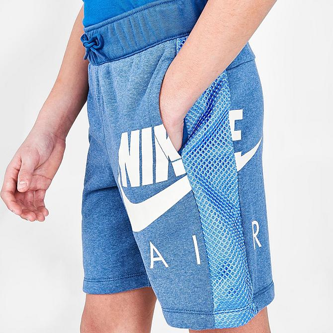On Model 6 view of Boys' Nike Air French Terry Shorts in Dark Marina Blue/Heather/Light Bone Click to zoom