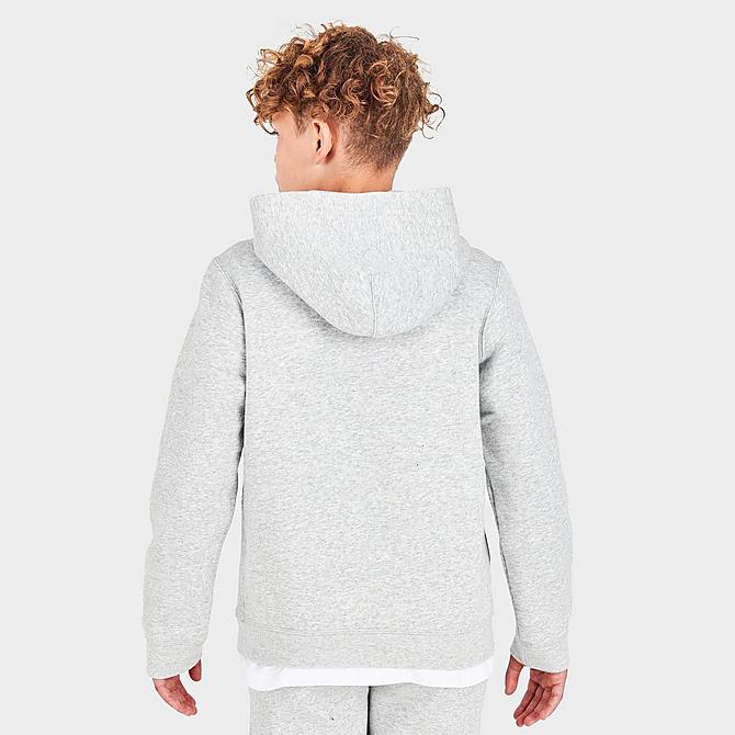 Back Right view of Boys' Nike Sportswear Swoosh Pack Pullover Hoodie in Grey Heather/Team Red/University Red Click to zoom