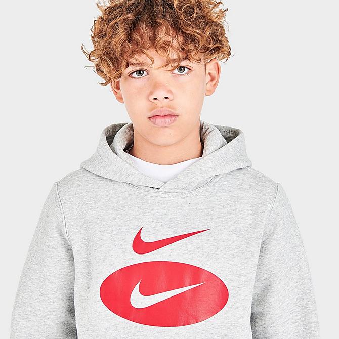 On Model 5 view of Boys' Nike Sportswear Swoosh Pack Pullover Hoodie in Grey Heather/Team Red/University Red Click to zoom