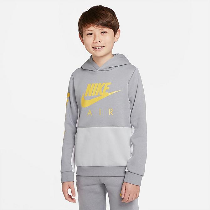 Front view of Boys' Nike Sportswear Air Hoodie in Particle Grey/Lt Smoke Grey/White/Vivid Sulfur Click to zoom