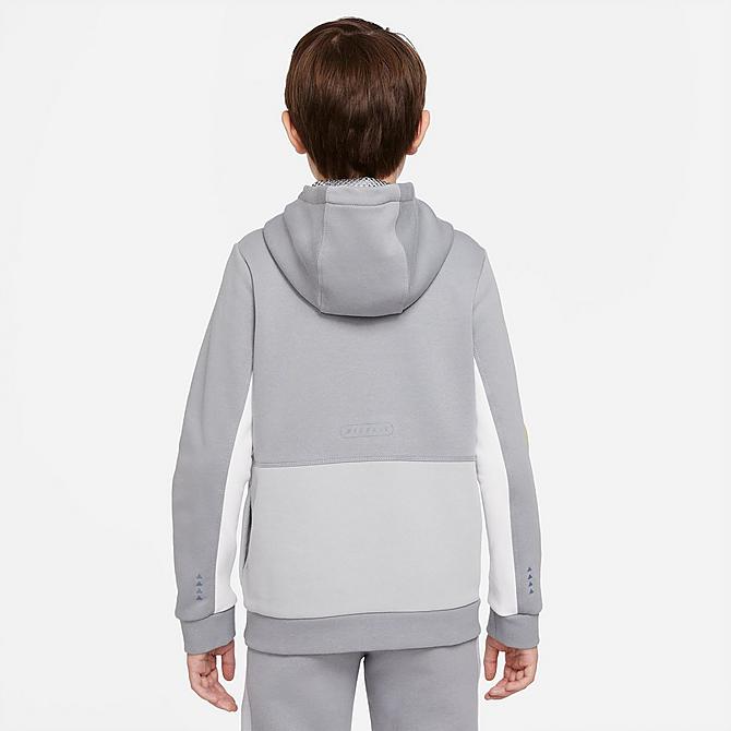Front Three Quarter view of Boys' Nike Sportswear Air Hoodie in Particle Grey/Lt Smoke Grey/White/Vivid Sulfur Click to zoom