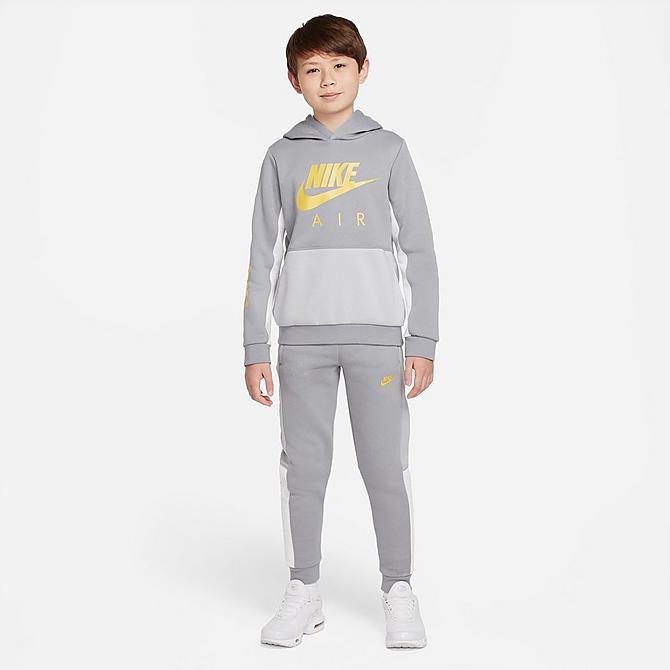 Back Left view of Boys' Nike Sportswear Air Hoodie in Particle Grey/Lt Smoke Grey/White/Vivid Sulfur Click to zoom