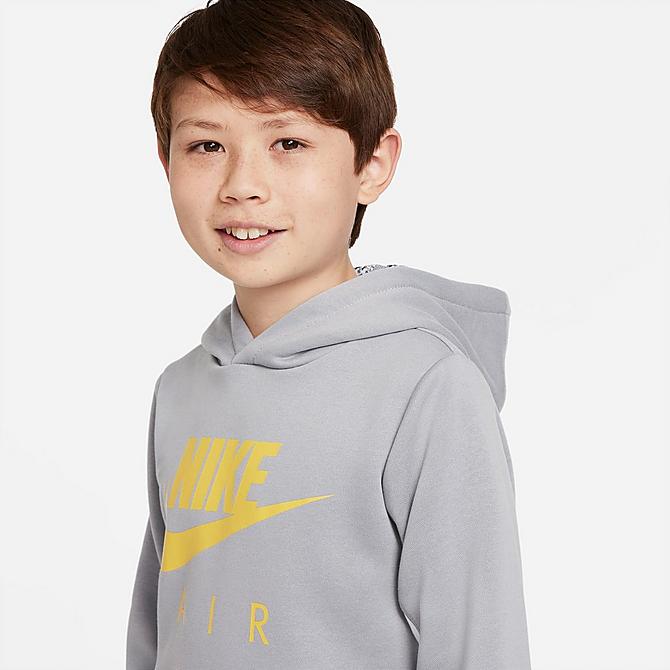 Back Right view of Boys' Nike Sportswear Air Hoodie in Particle Grey/Lt Smoke Grey/White/Vivid Sulfur Click to zoom