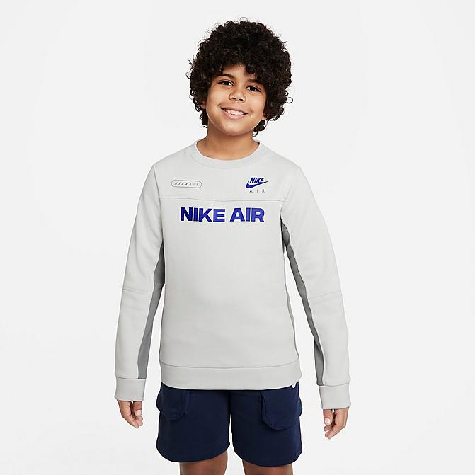 Front view of Boys' Nike Air Crewneck Sweatshirt in Photon Dust/Particle Grey/Hyper Royal Click to zoom