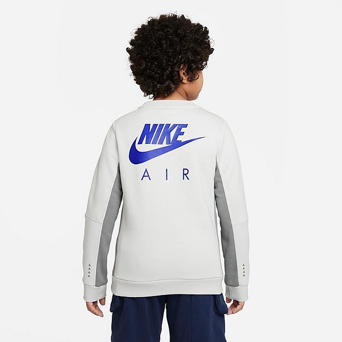 Front Three Quarter view of Boys' Nike Air Crewneck Sweatshirt in Photon Dust/Particle Grey/Hyper Royal Click to zoom