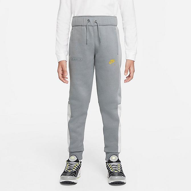 Front view of Boys' Nike Sportswear Air Jogger Pants in Particle Grey/Lt Smoke Grey/White/Vivid Sulfur Click to zoom