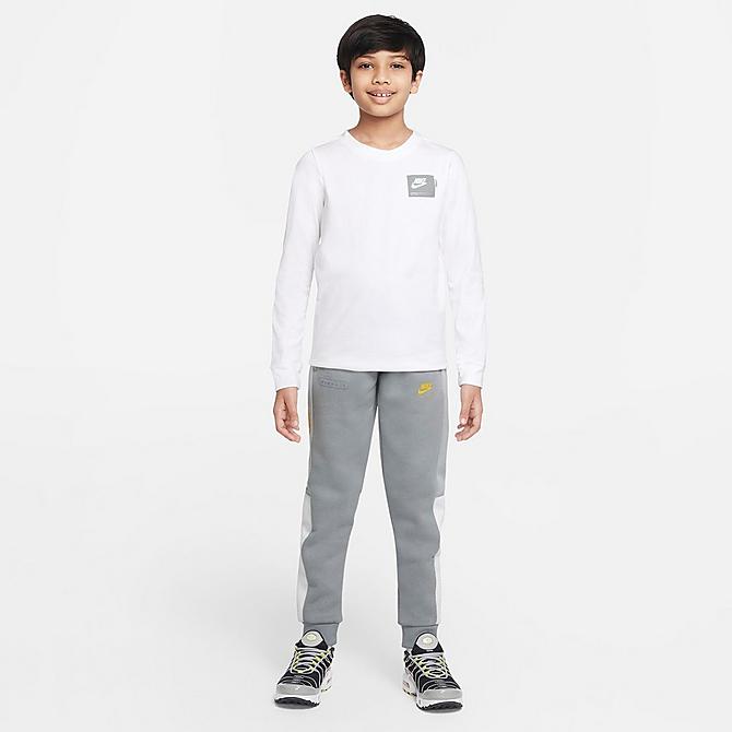 Back Left view of Boys' Nike Sportswear Air Jogger Pants in Particle Grey/Lt Smoke Grey/White/Vivid Sulfur Click to zoom