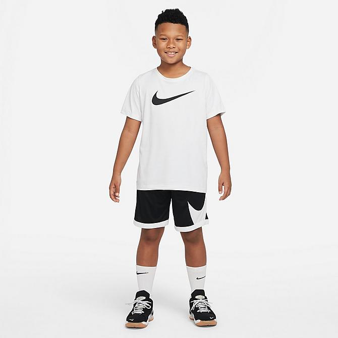 Front Three Quarter view of Boys' Nike Dri-FIT Basketball Shorts in Black/White/White/White Click to zoom