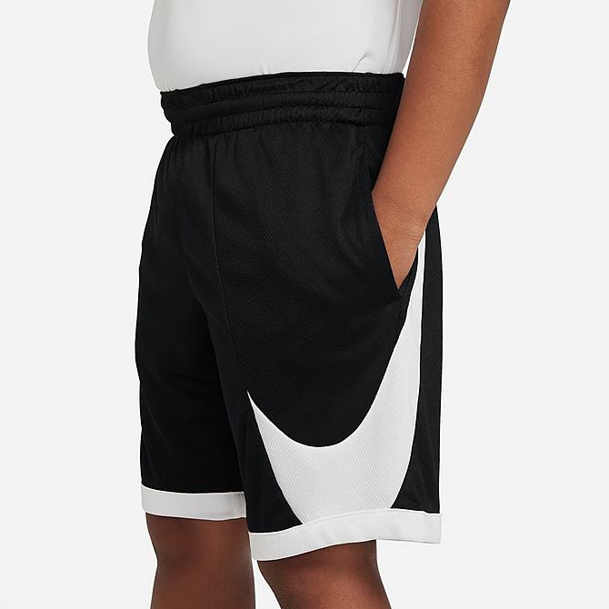 Back Left view of Boys' Nike Dri-FIT Basketball Shorts in Black/White/White/White Click to zoom