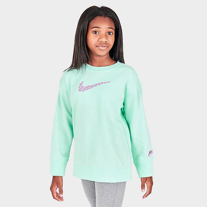 Front view of Girls' Nike Sportswear French Terry Boyfriend Crewneck Sweatshirt in Mint Foam/Violet Shock Click to zoom