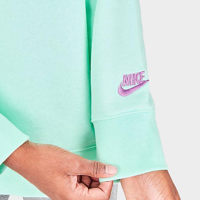 On Model 6 view of Girls' Nike Sportswear French Terry Boyfriend Crewneck Sweatshirt in Mint Foam/Violet Shock Click to zoom