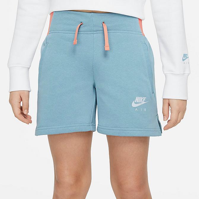 Front view of Girls' Nike Air French Terry Shorts in Worn Blue/Crimson Bliss/Football Grey Click to zoom
