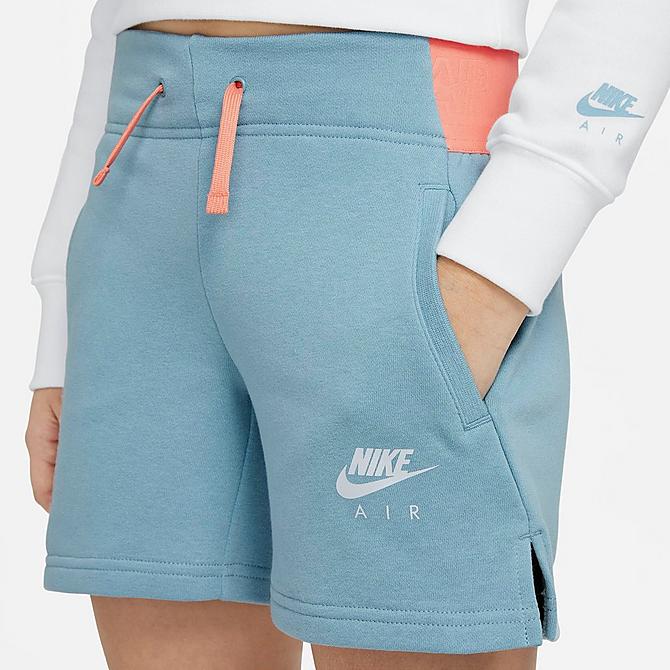 Back Right view of Girls' Nike Air French Terry Shorts in Worn Blue/Crimson Bliss/Football Grey Click to zoom