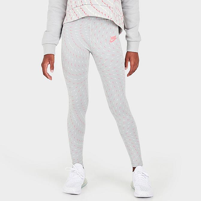 Front view of Girls' Nike Sportswear Essential Swooshfetti Printed Leggings in Light Smoke Grey/Pink Salt Click to zoom