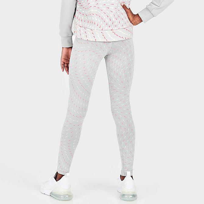 Back Right view of Girls' Nike Sportswear Essential Swooshfetti Printed Leggings in Light Smoke Grey/Pink Salt Click to zoom
